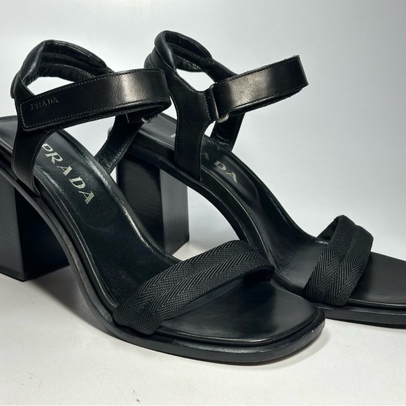 Prada Women's Black Leather Nylon Strap Velcro Sporty Heeled Sandals EUC In Box - Picture 1 of 13